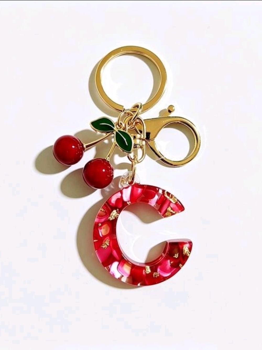 Gold-Tone Cherry Initial C Keyring in Red Acrylic